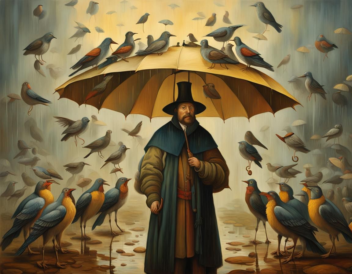A Young Nobleman Surrounded by Birds in a Surreal, Rainy Lan...