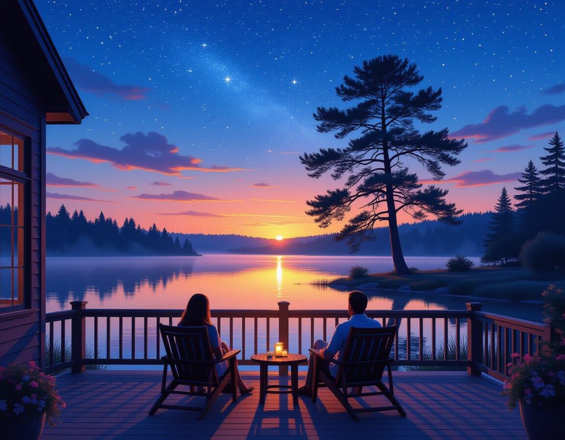 Romantic Sunset Landscape with Couple on Deck