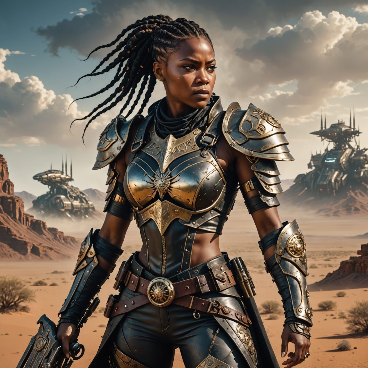 African Warrior in Steampunk Armor with Energy Warhammer