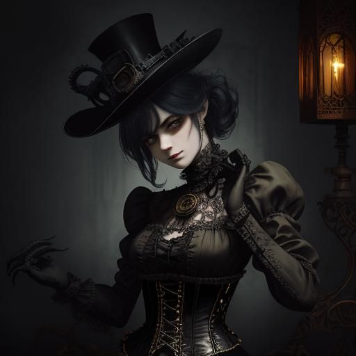 Gothic Girl with Demon Cat in Steampunk Style