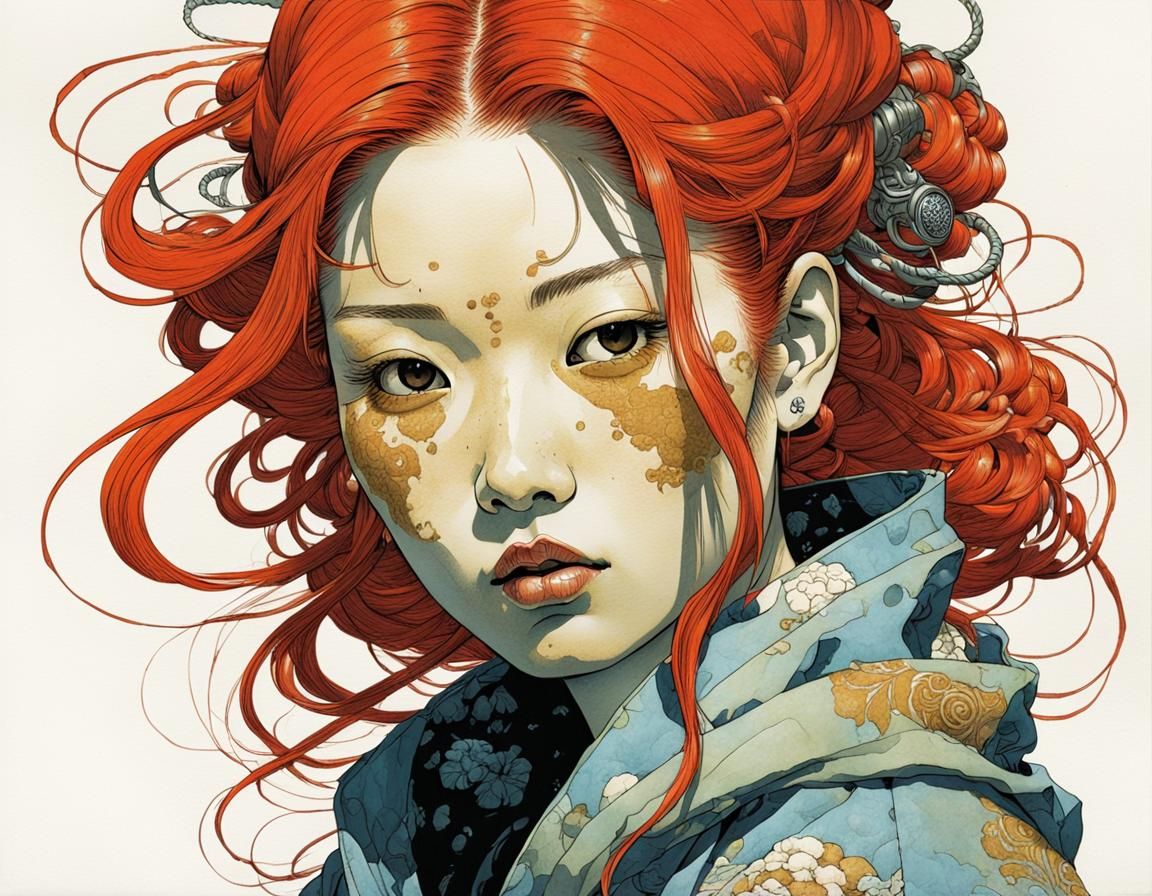 Red-Haired Woman in Color Block Style