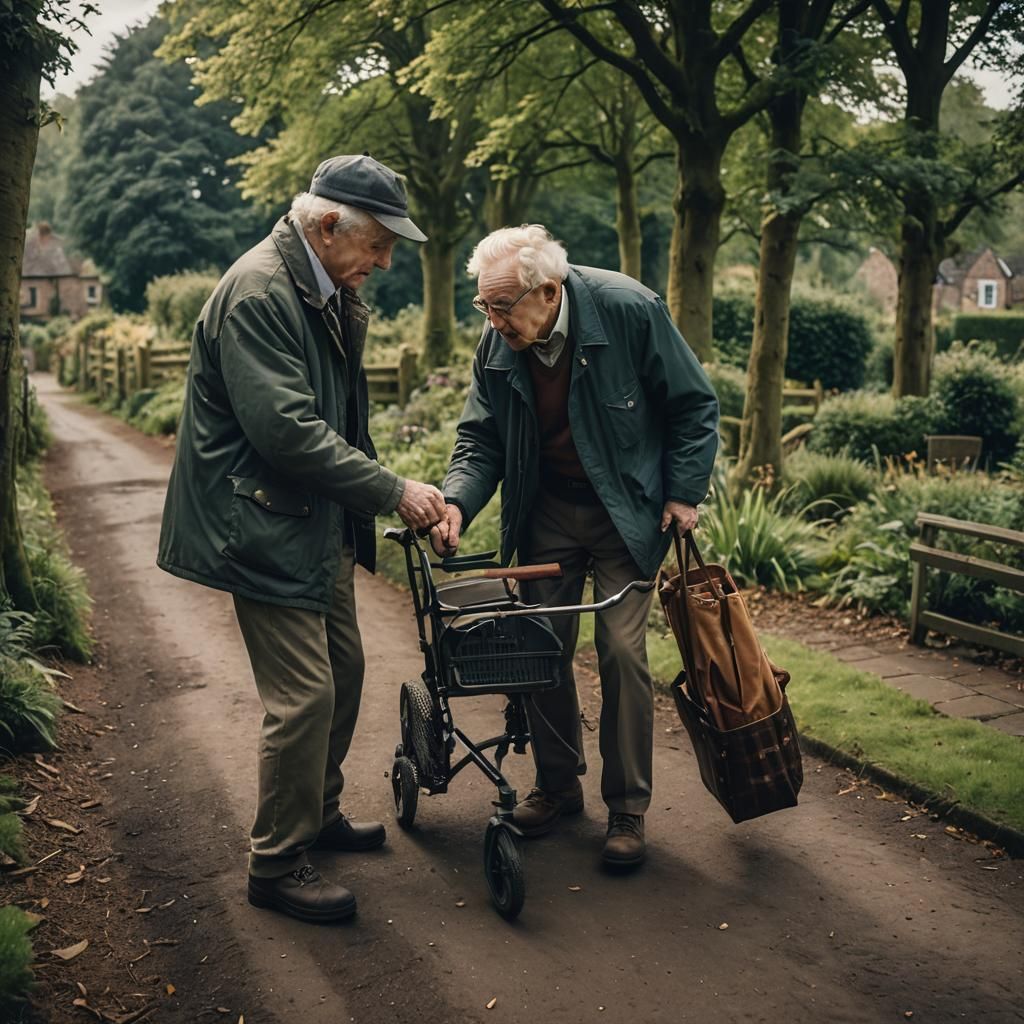 Young Man Helping Elderly Person: Cinematic Film Still