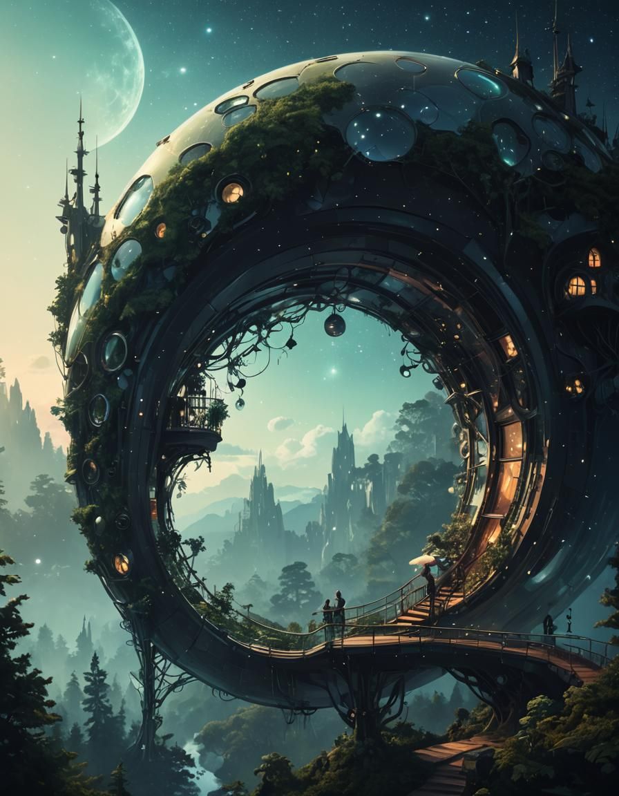 Biomorphic Steampunk Fairy House Amid Starry Sky