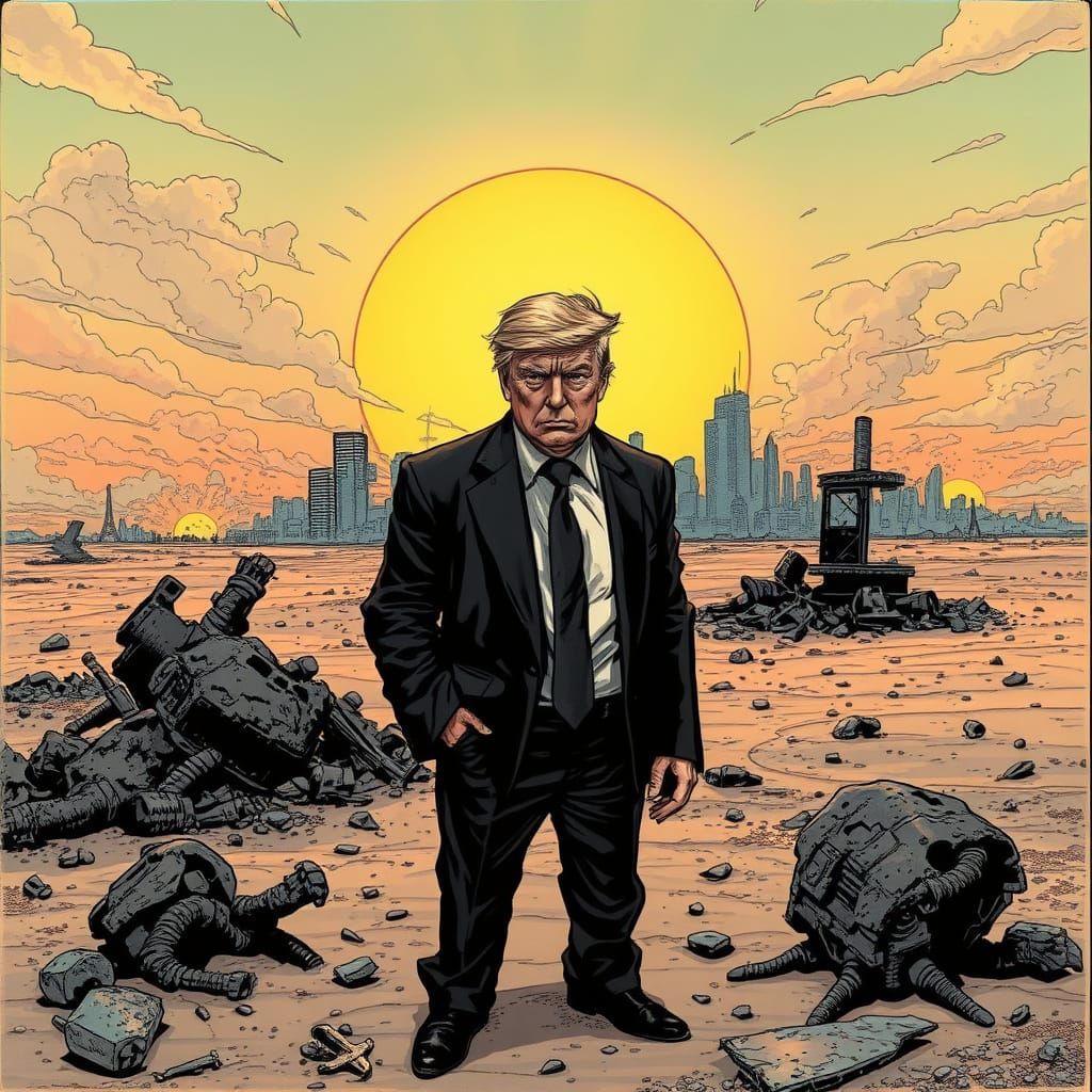 Desolate Trump Amidst Nuclear Wasteland Ruins