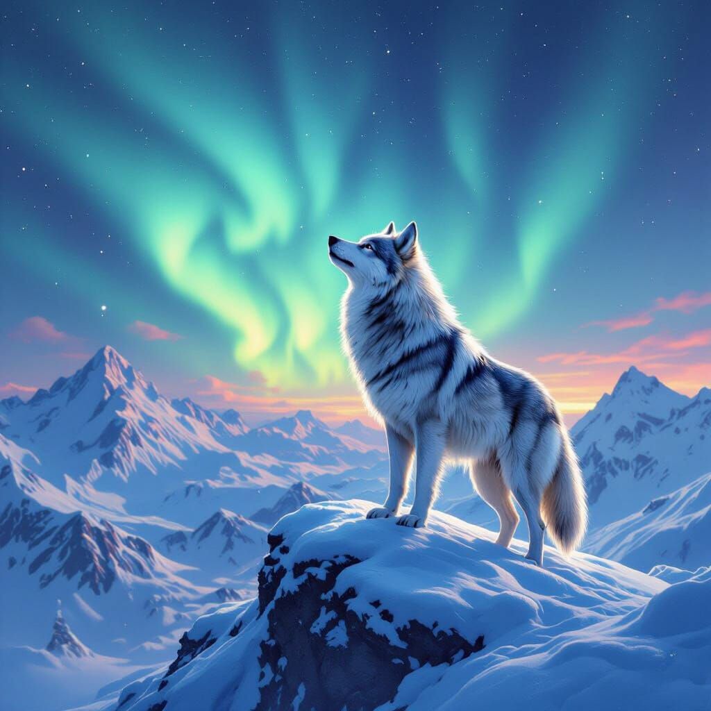 Wolf Gazes at Aurora Borealis Landscape