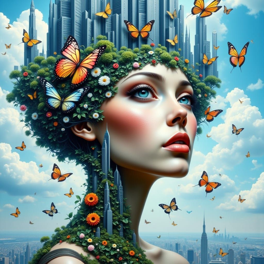 Surreal Cityscape Unfolds from a Woman's Head in Whimsical N...