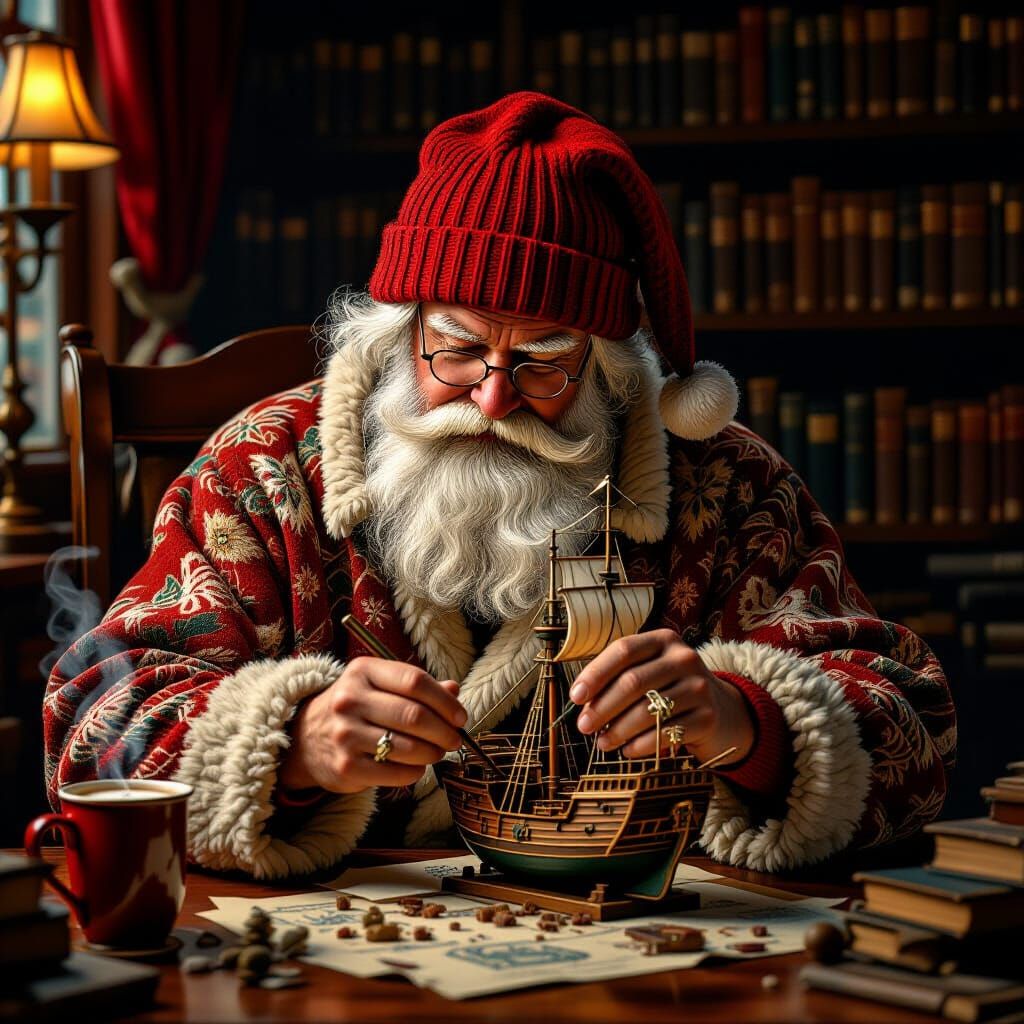 Santa Claus Building Ship-in-a-Bottle: Warm Oil Painting