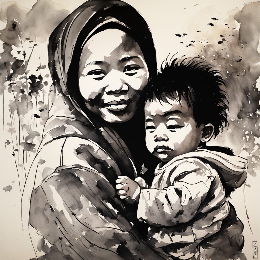 Tender Mother and Child in Chinese Ink Painting Style