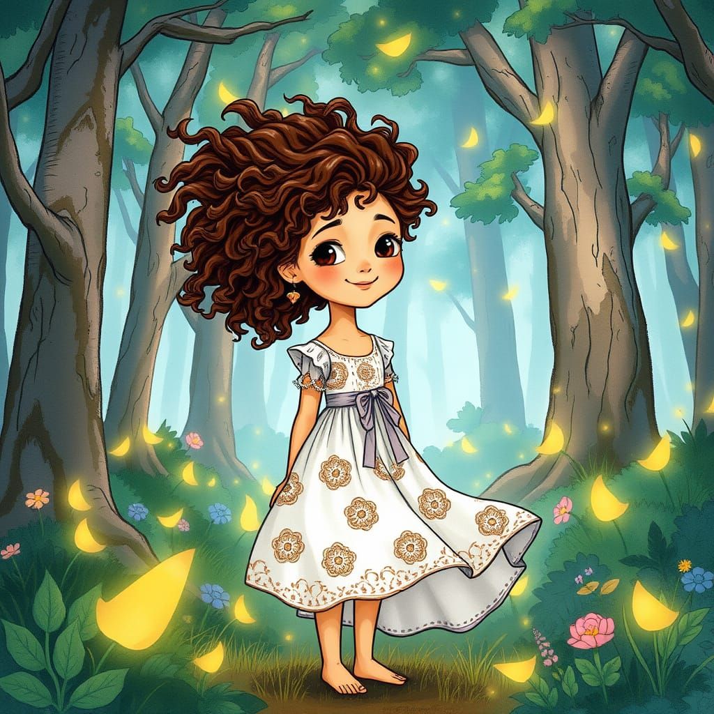Whimsical Girl in Vibrant Forest with Floral Patterns