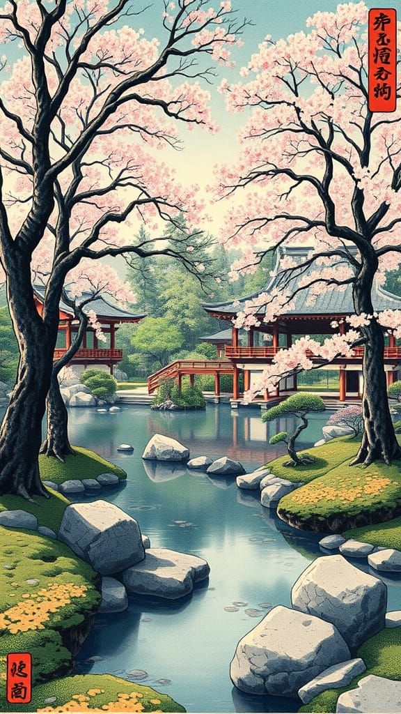 Japanese Zen Garden Scene in Hokusai Style