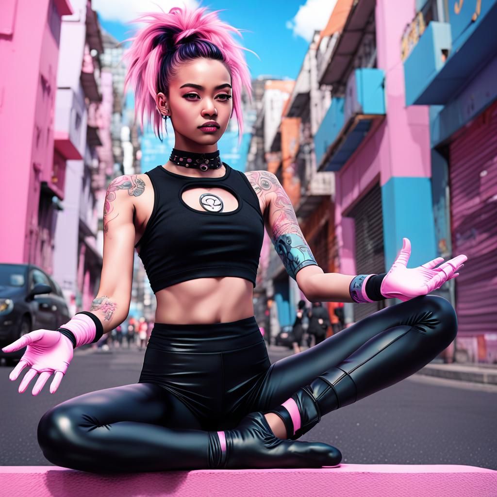 Brazilian Goth Woman in Yoga Outfit, Anime Style