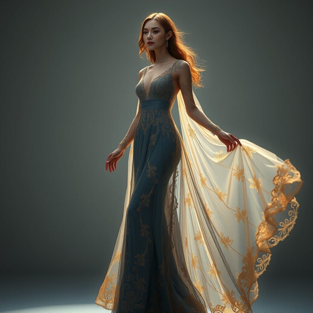 Woman in Gold Lace Dress, Digital Art