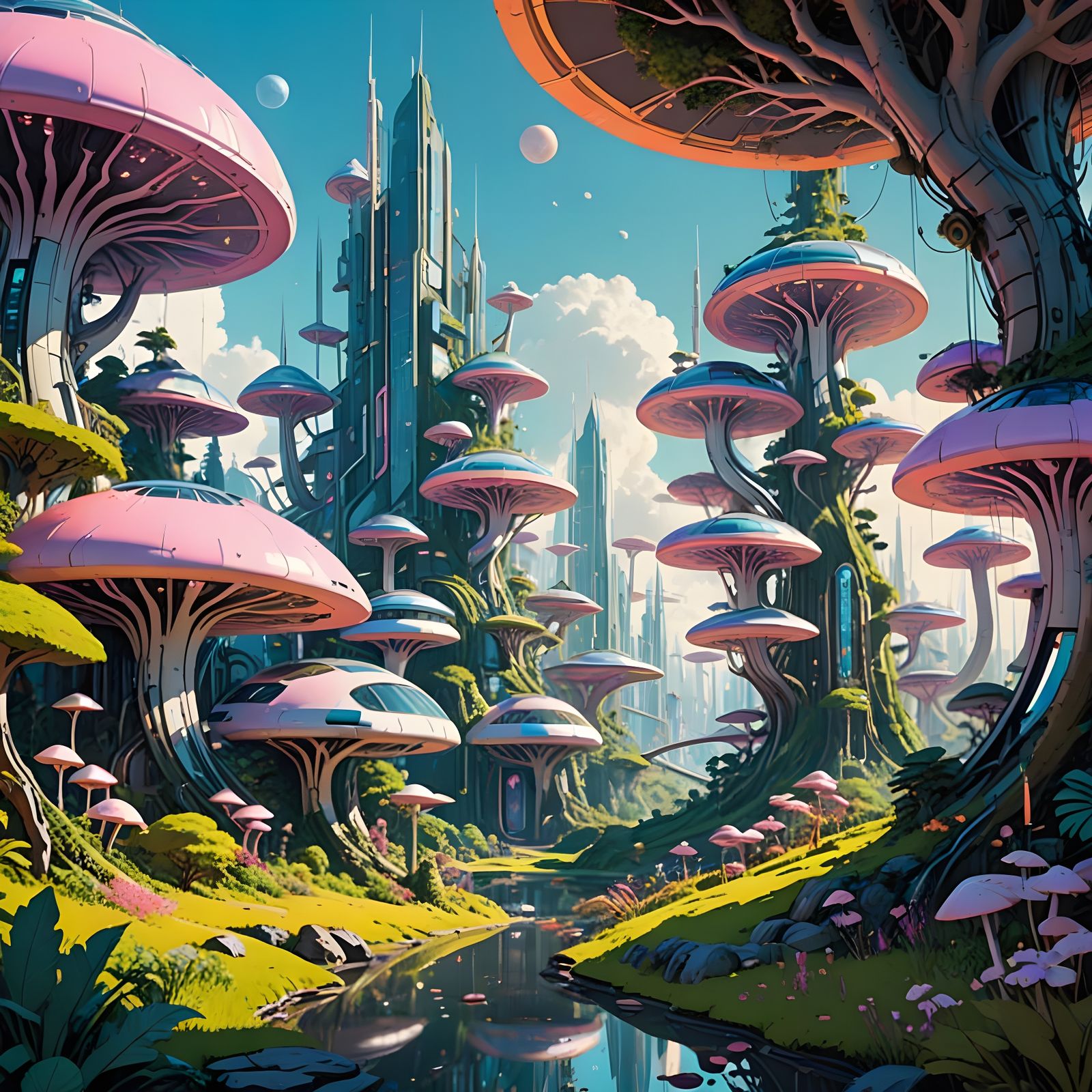 A solarpunk settlement on a distant planet.