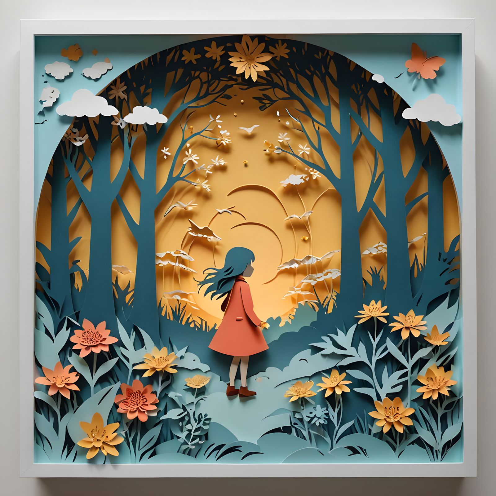 Papercut Girl in Sky of Flowers