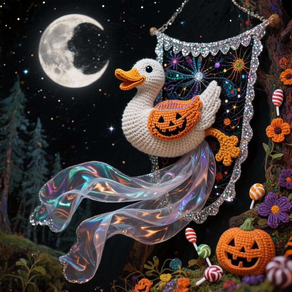 Klimt-Inspired Crochet Duck with Cosmic Halloween Elements