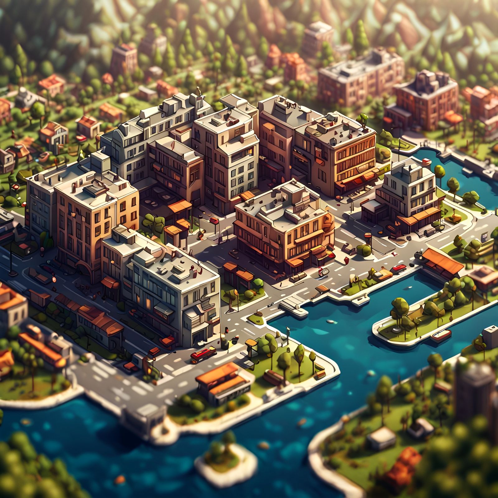 Complex Low Poly Cityscape in Game Art Style