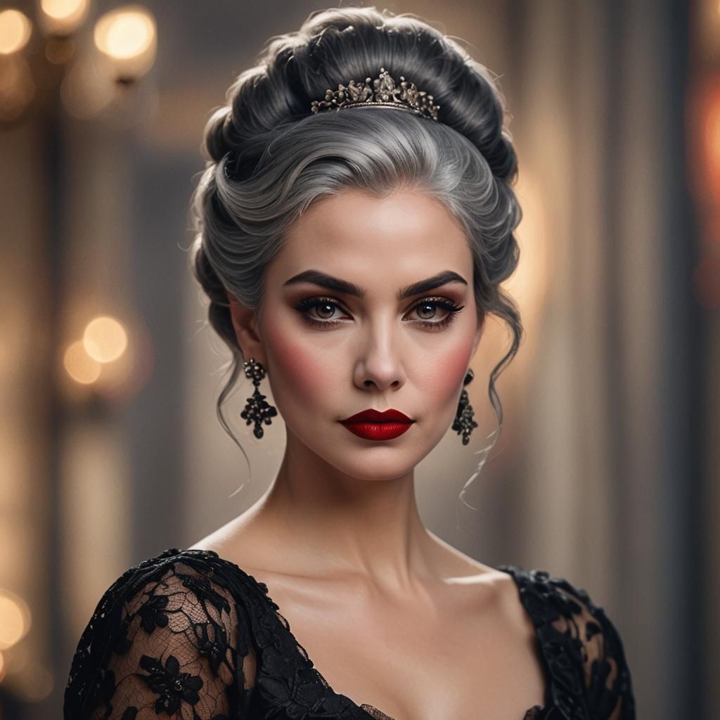 Elegant Woman in Black Lace: Luxurious Digital Portrait