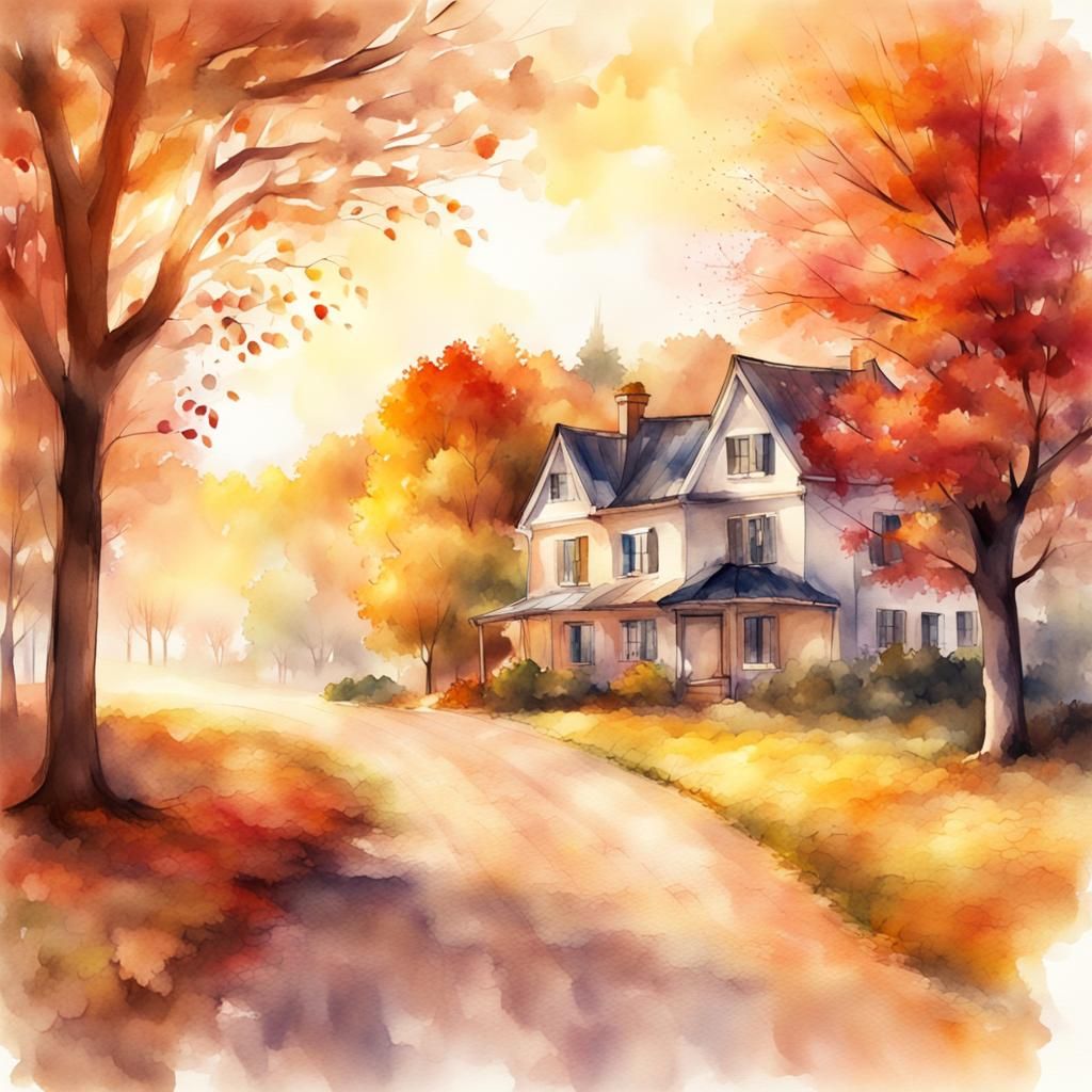 Sunrise in Autumn Landscape: Digital Watercolor Illustration