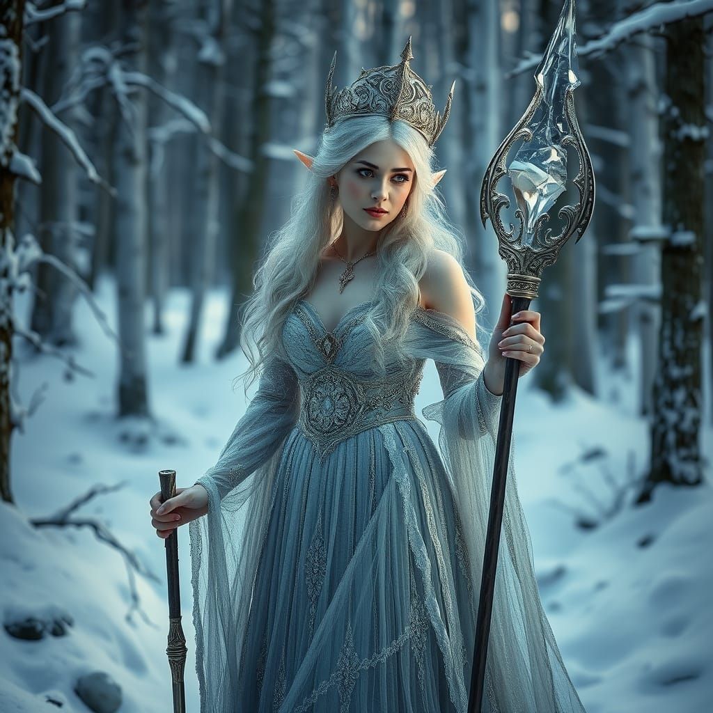 Ethereal Elven Princess in Snowy Forest, Inspired by Cyberpu...