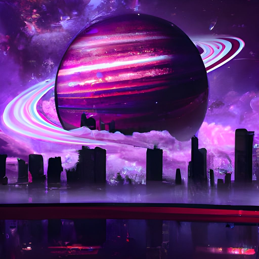 Synthwave City Drifting Towards Jupiter in Outer Space
