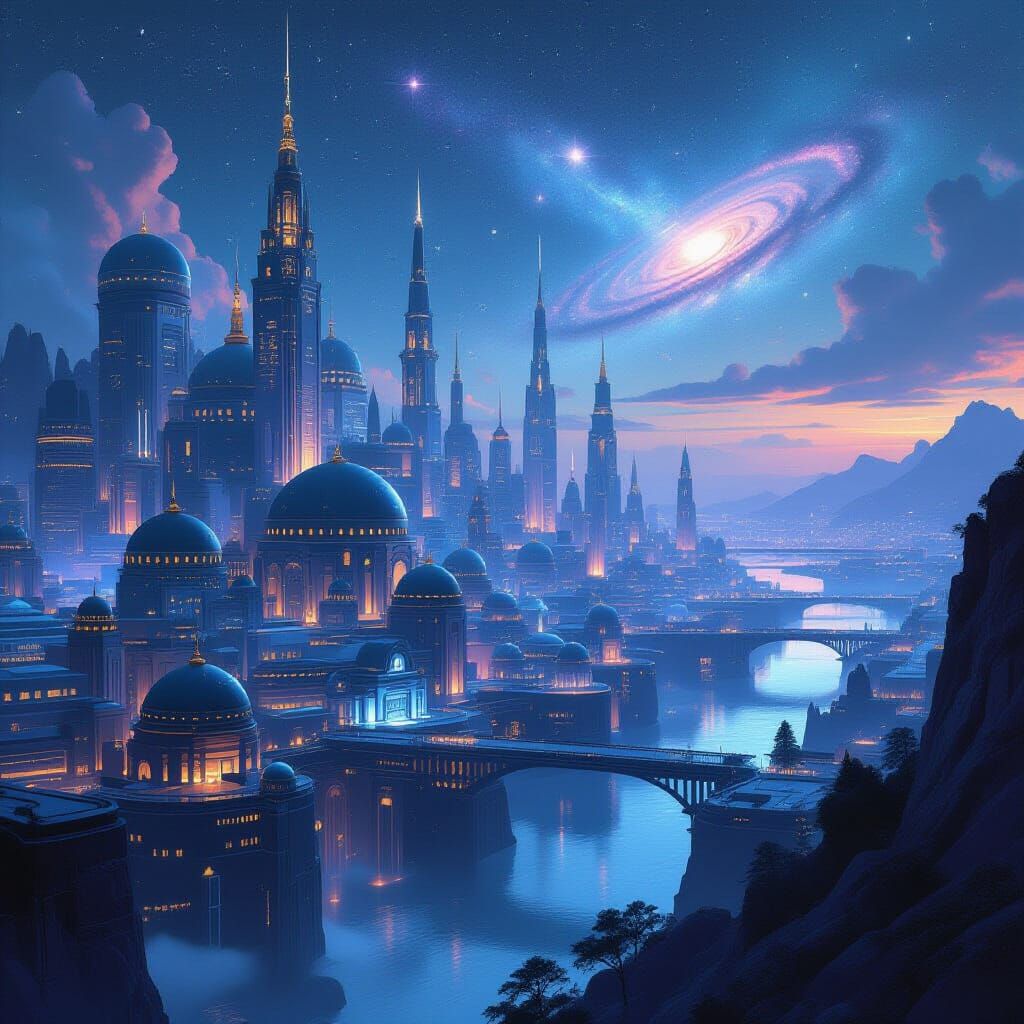 Galactic Fantasy Cityscape with Ethereal Glow