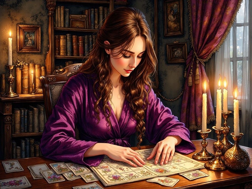 Woman Reading Tarot Cards by Candlelight