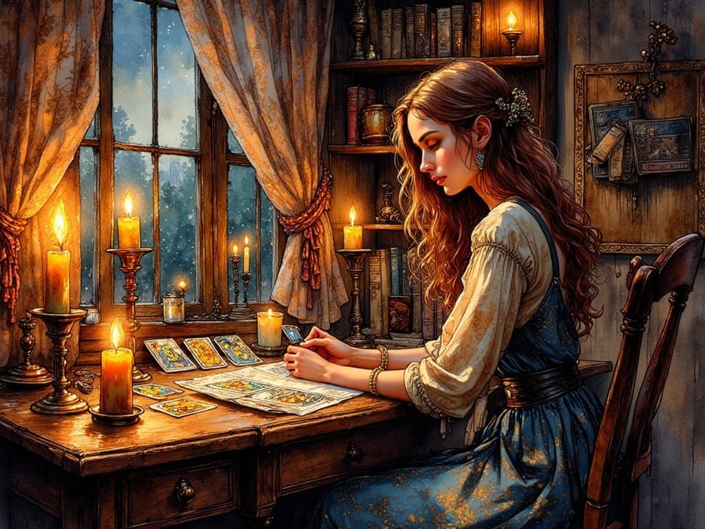 Young Woman Reading Tarot Cards in Cozy Bedroom