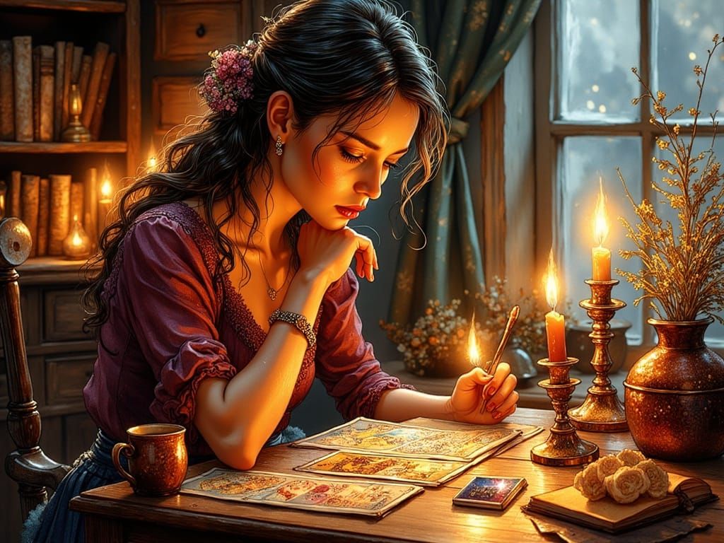 Woman Reading Tarot Cards in Softly Lit Bedroom