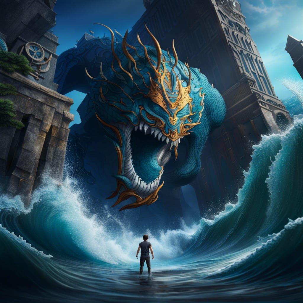 Percy Jackson with Riptide: Detailed Fantasy Art
