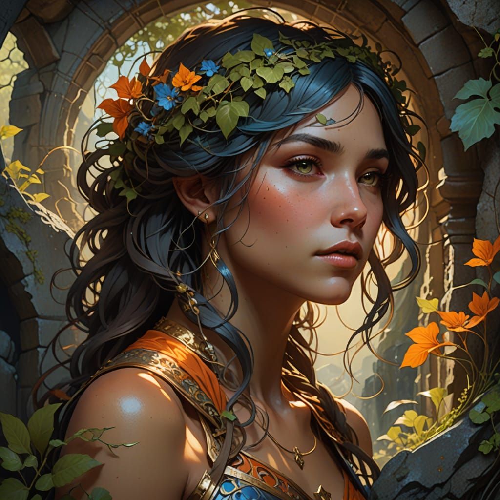 Art Nouveau Goddess Emerging from Ancient Stone