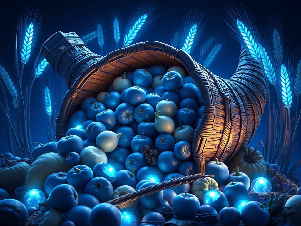 Magical Blue Harvest Cornucopia with Glowing Wheat