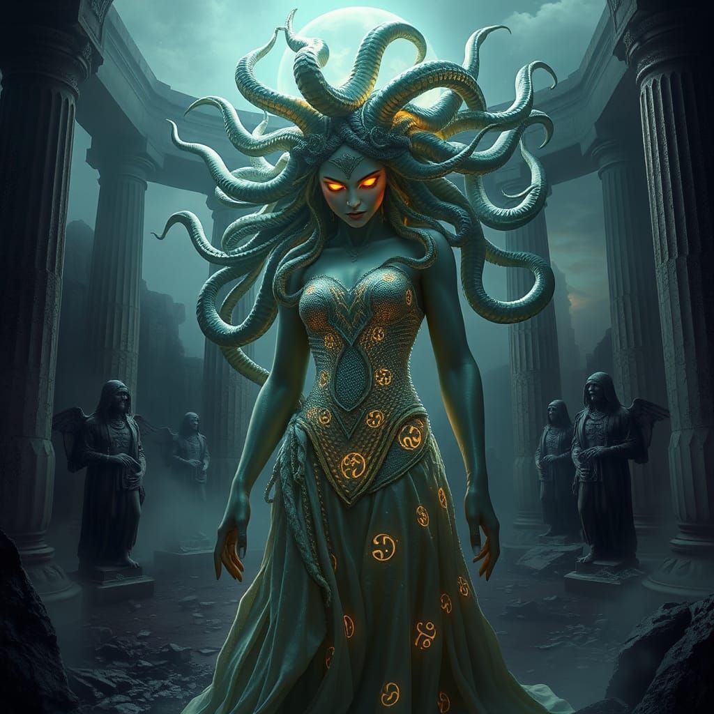 Medusa in Crumbling Temple Ruins