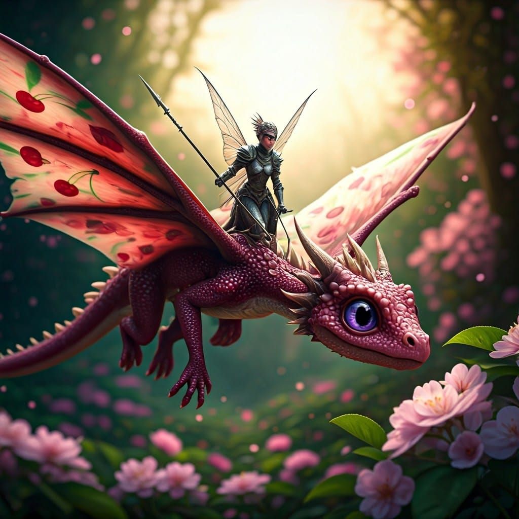 Mystical Cherry Blossom Realm with Dragon and Fairy