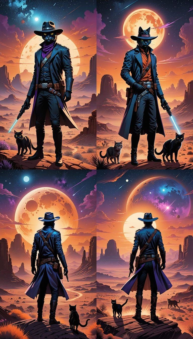 Galactic Feline Outlaws in a Sci-Fi Western Landscape
