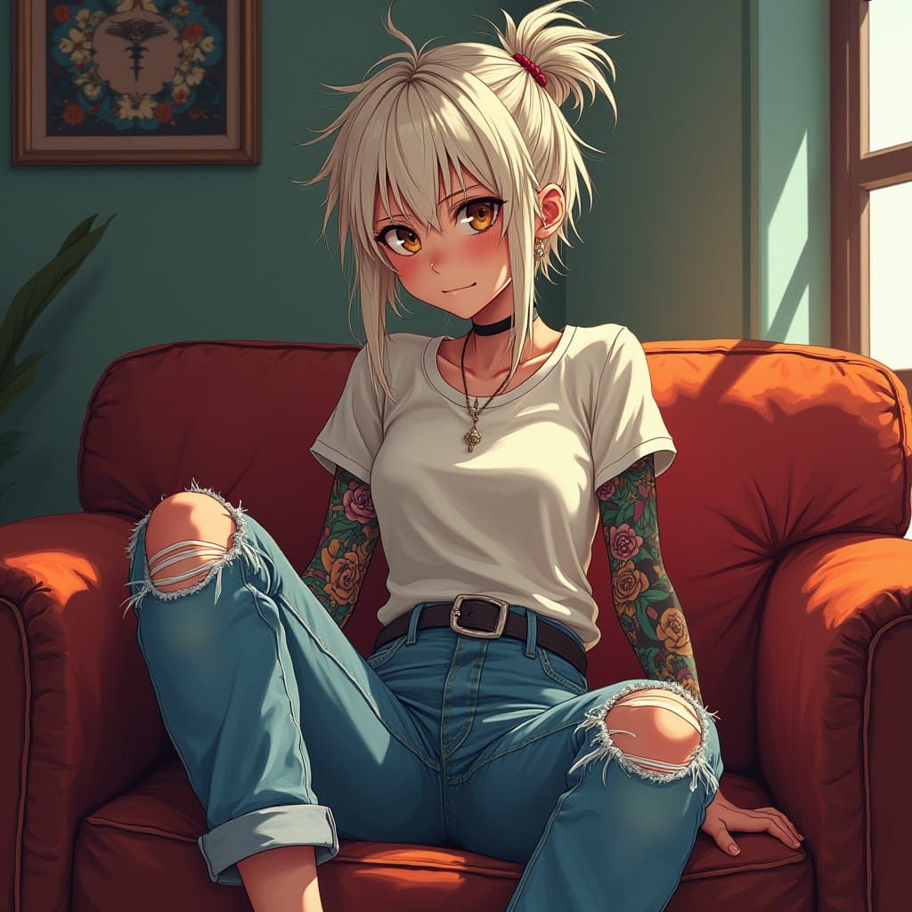 Youthful Futanari with Vibrant Tattoos in Manga Style