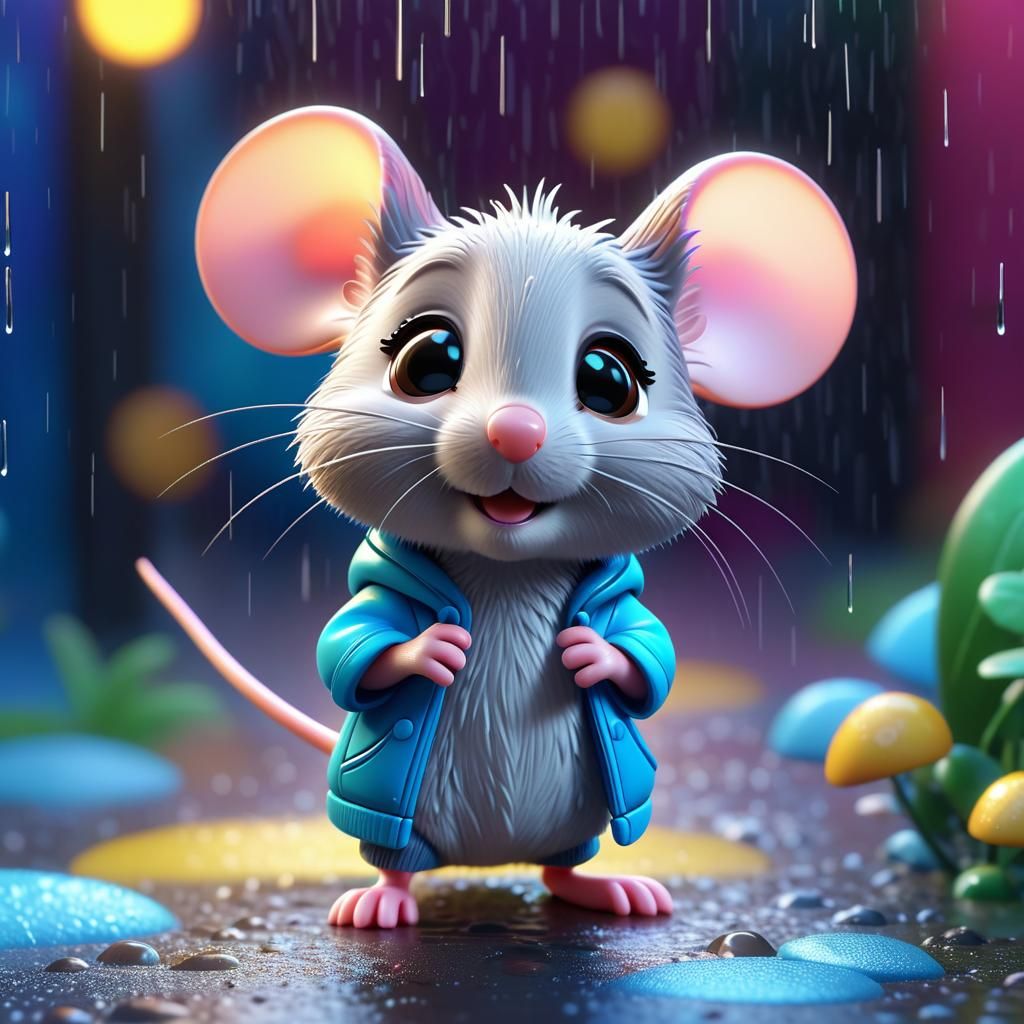 Chibi Mouse in Rainy Alley: Pixar-Style 3D Art