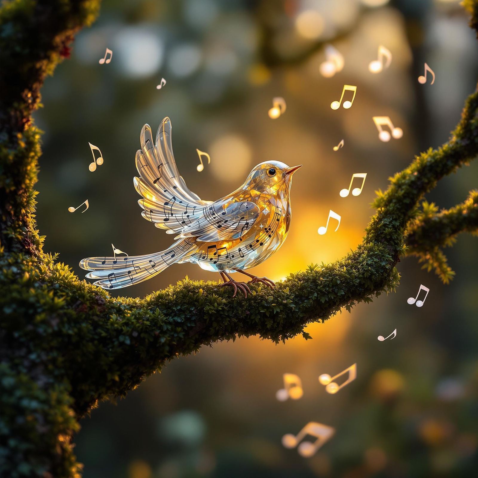 Glass Songbird with Music Notes in Sunset Light