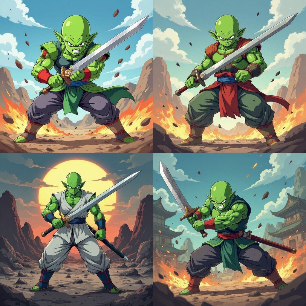 Green-Skinned Namekian Warrior Fights with Longsword