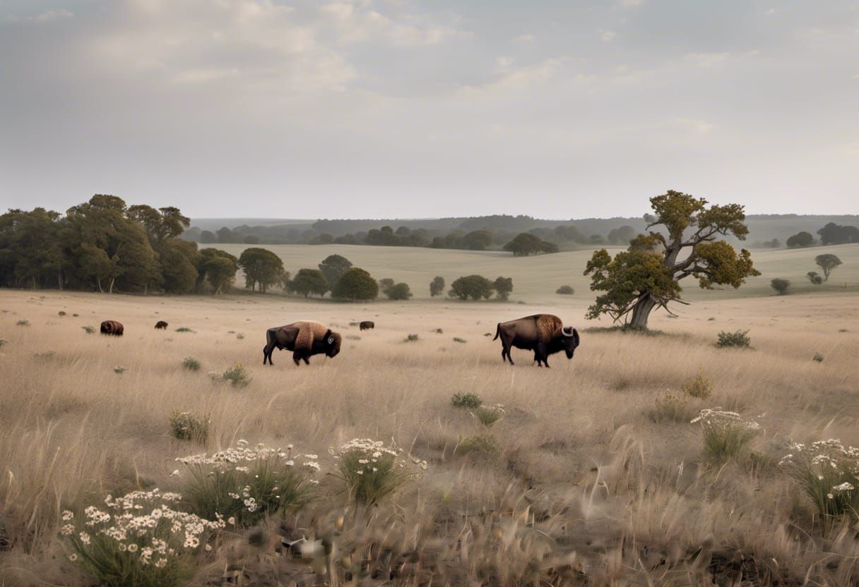 Vintage Country Landscape with Buffalo and Wildflowers