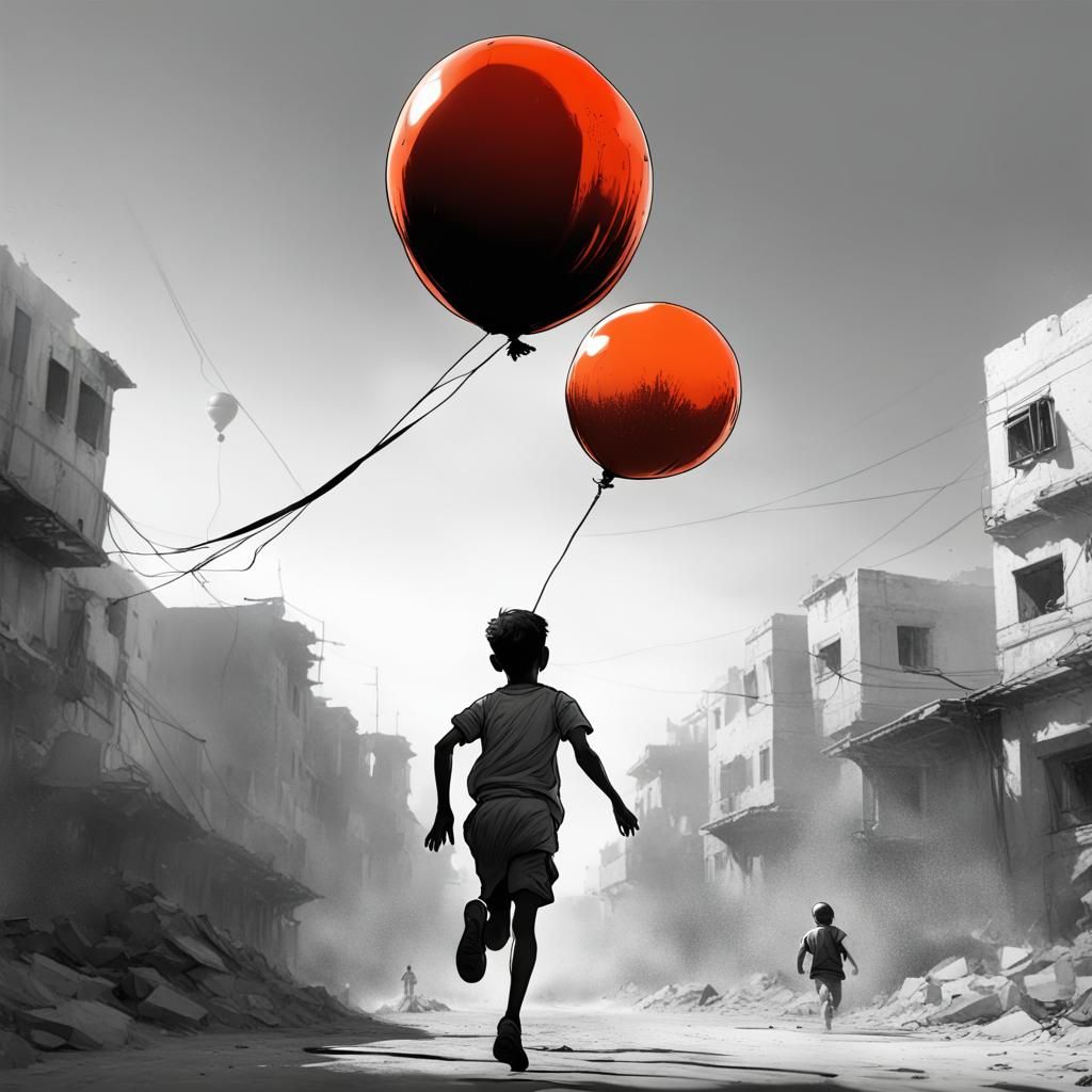 Striking Gaza Image with Boy and Red Balloon