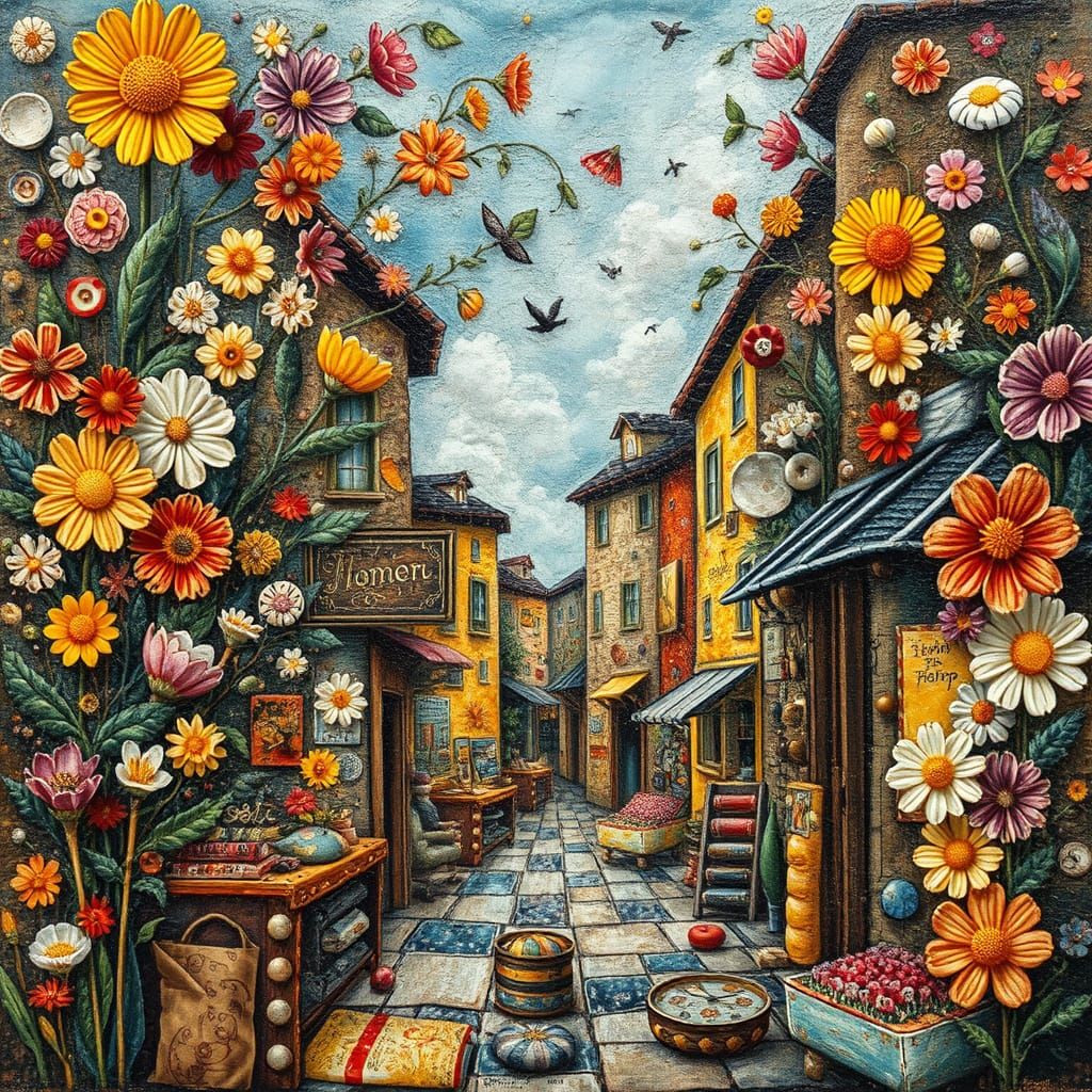 Vibrant Steampunk Street Scene Quilt with Mixed Media Textur...