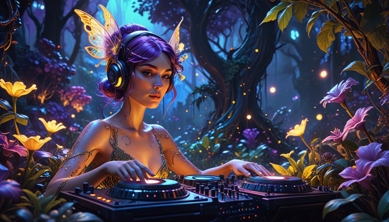 Surreal Fairy DJ in a Vibrant Mystic Forest