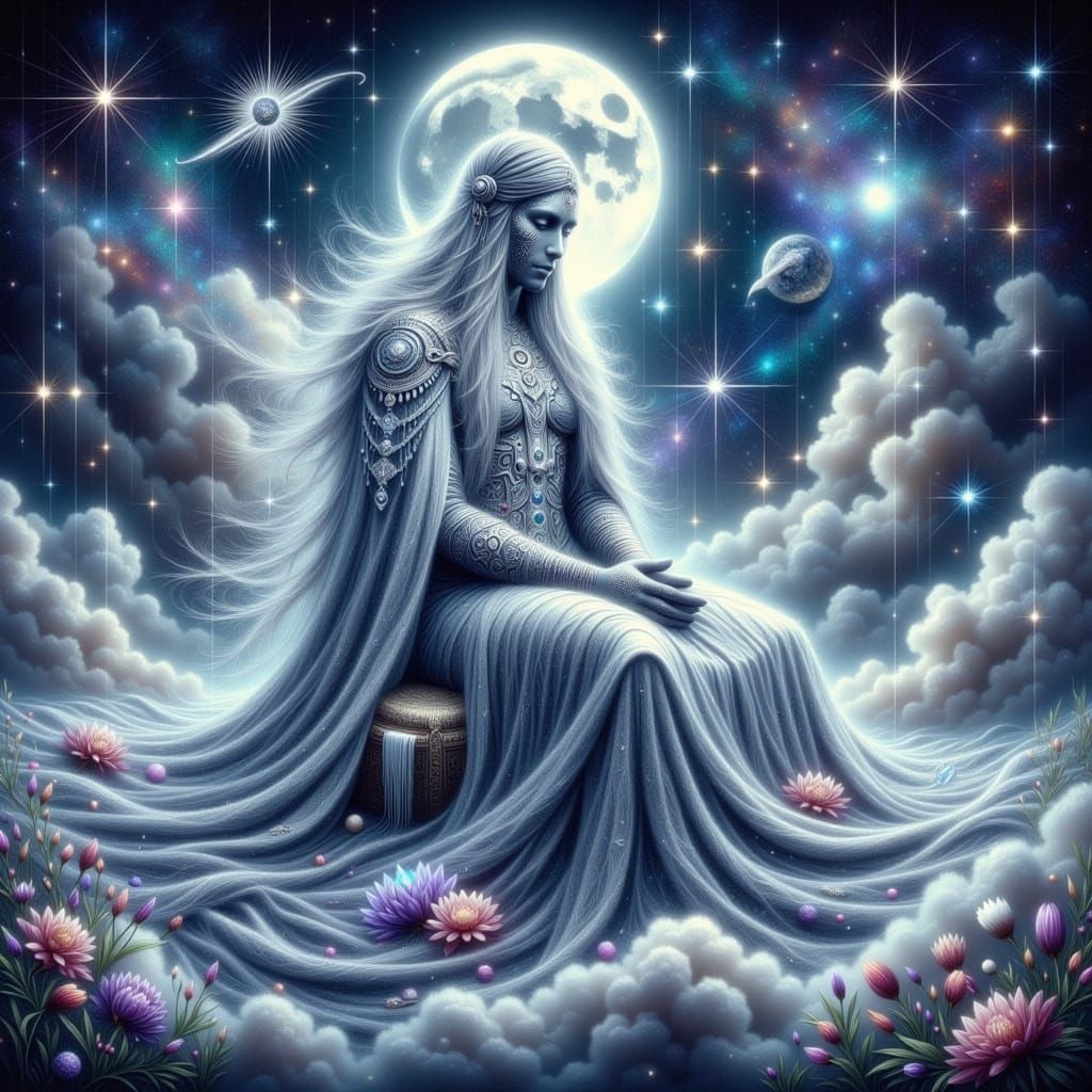 Mystical Silver Zodiac Figure Under Moonlit Celestial Skies