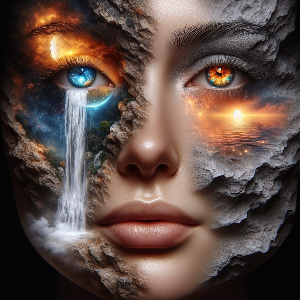 Cosmic Surrealist Portrait of a Woman with Rugged Stone Skin...