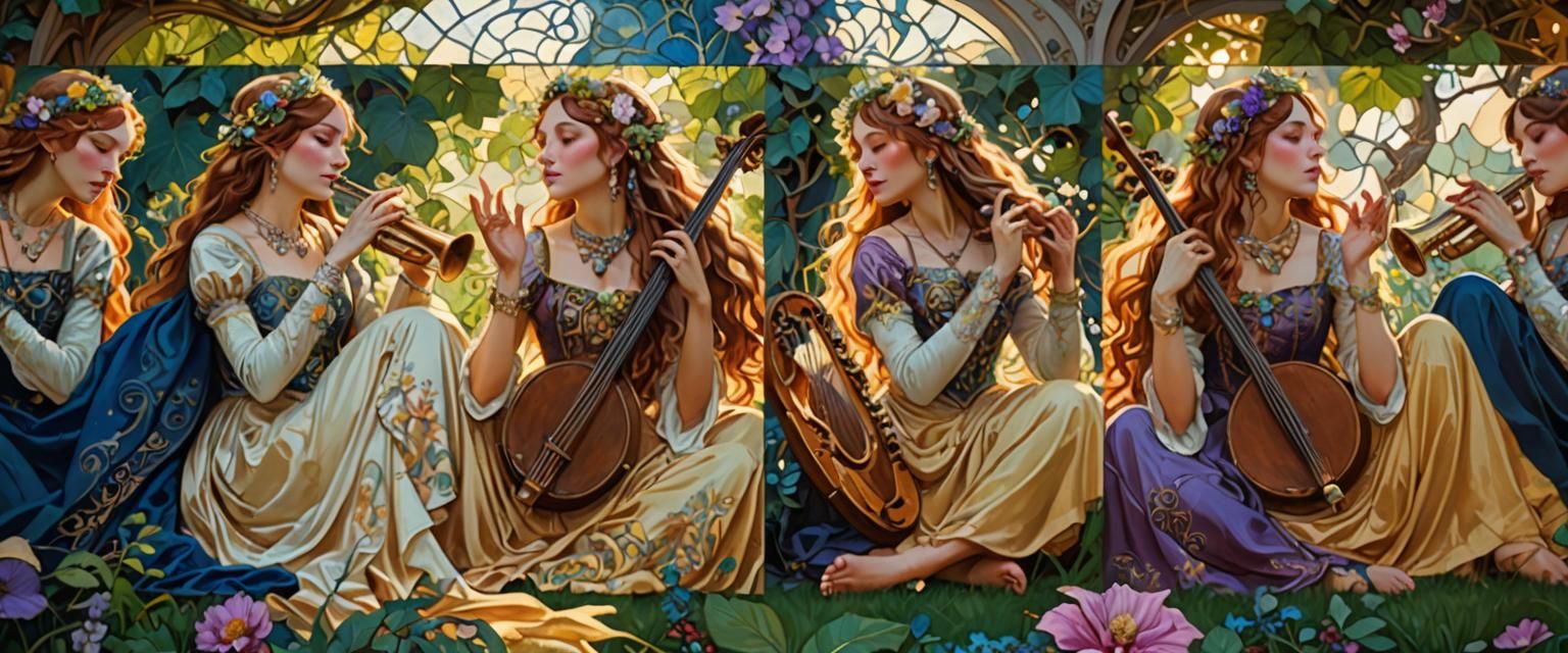 Ethereal Ladies in Garden, Pre-Raphaelite Style