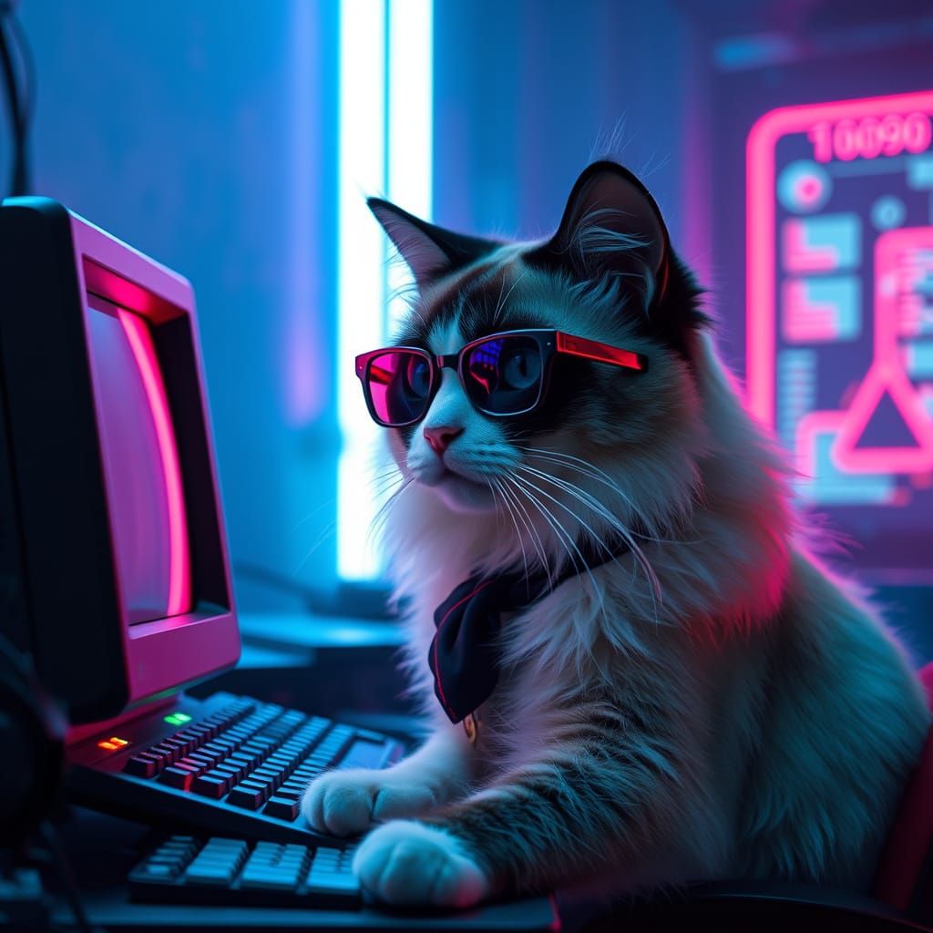 Un gato angora trabaja en la computadora
