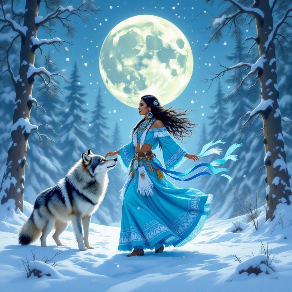 Native American Woman Dances with Wolf in Snowy Forest