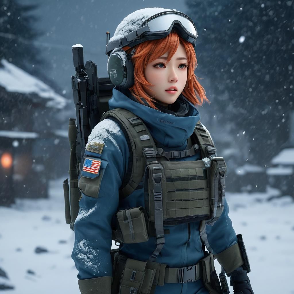 Anime Sci-Fi Soldier girl in a Futuristic Snowstorm Landscap...