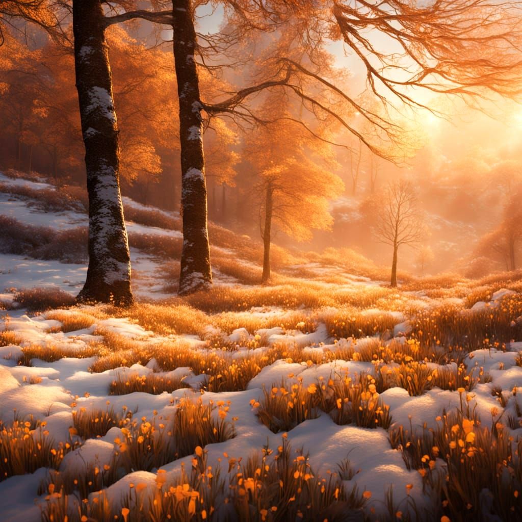 Surreal Alpine Meadow Decay in Golden Dawn Light