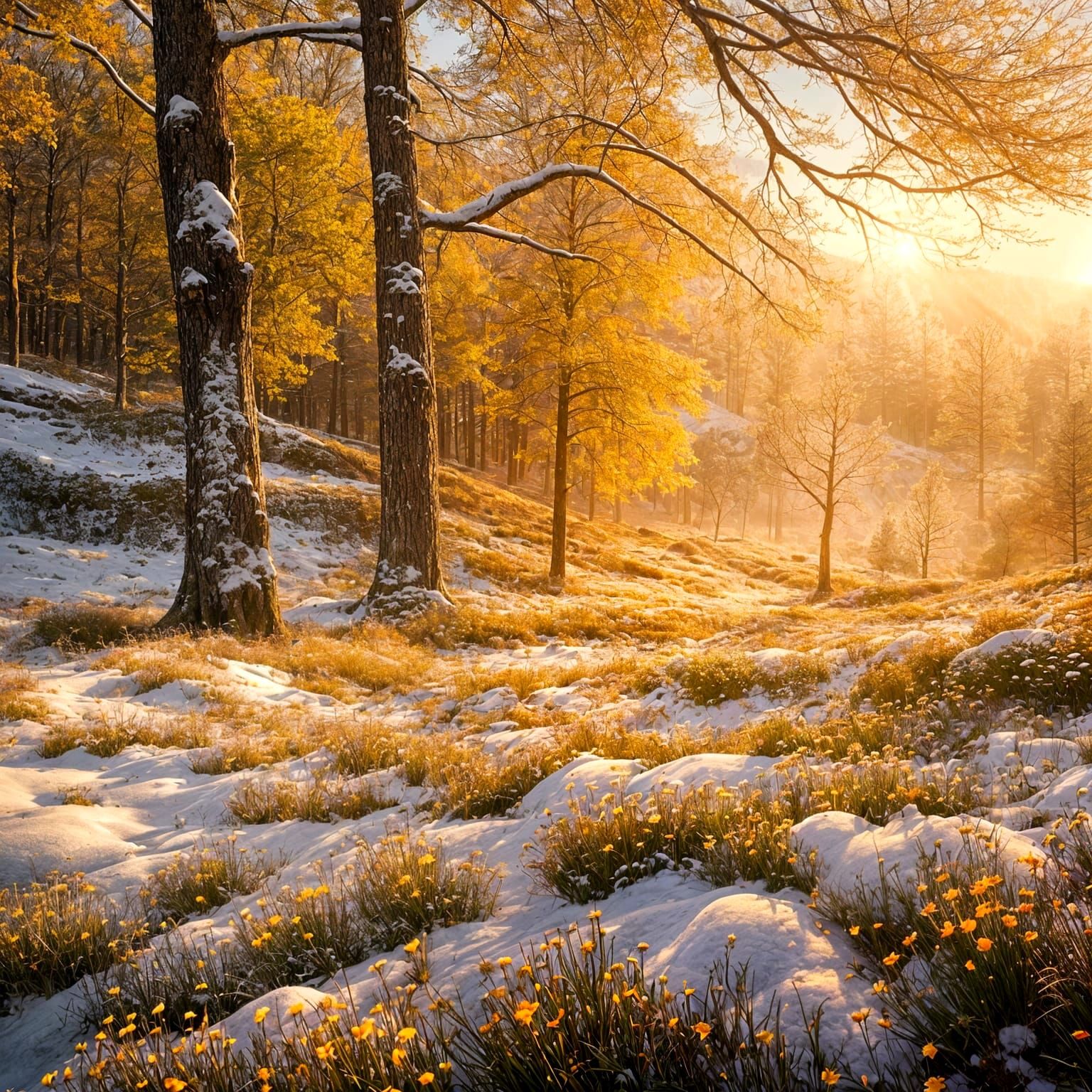 Surreal Alpine Meadow Decay in Golden Dawn Light